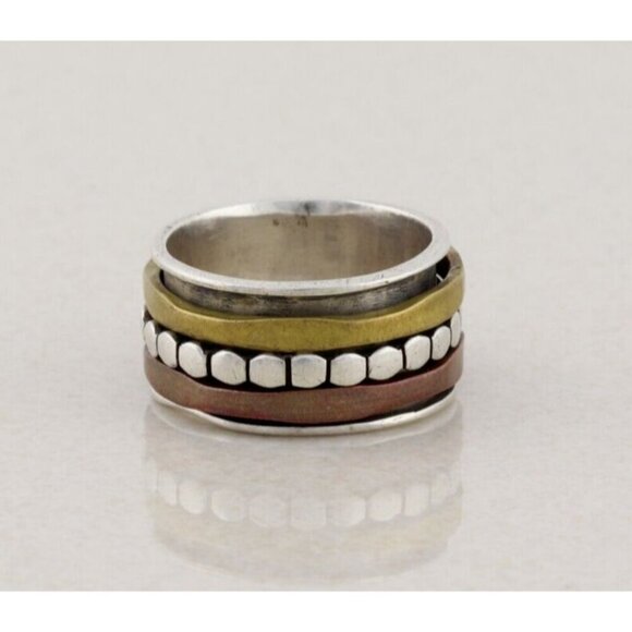 Sterling Silver Spinner Ring Copper & Brass Accents Size 7 - Picture 1 of 7